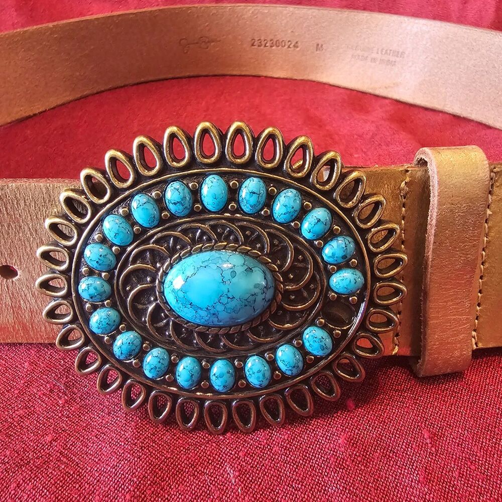Genuine Leather Gold Western Belt Heavy Turquoise Cabochon Trophy Buckle M
